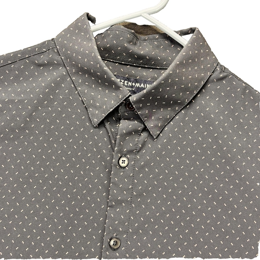 Mizzen+Main Leeward Dress Shirt Mens Medium Gray Polka Dot Trim Fit Stretch